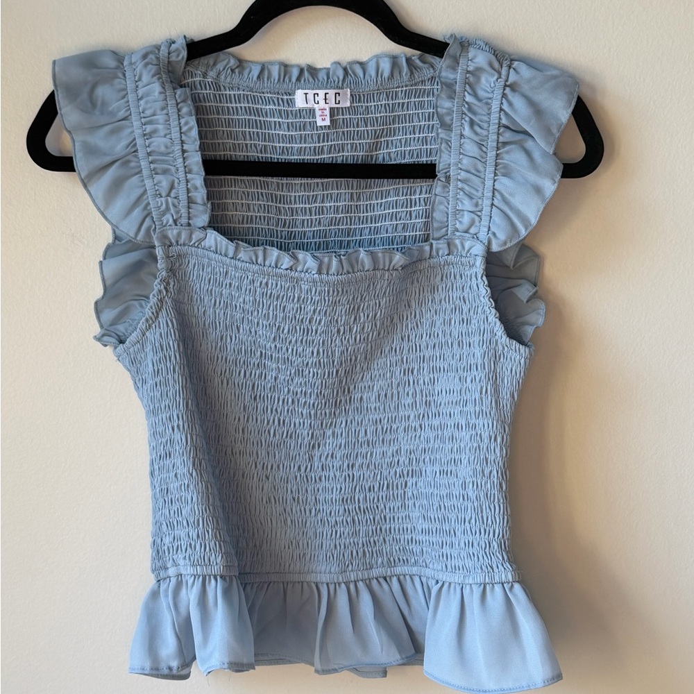 NWOT TCEC Gray Blue Pastel Ruffled Smocked Blouse Tank Top Boho Size Medium